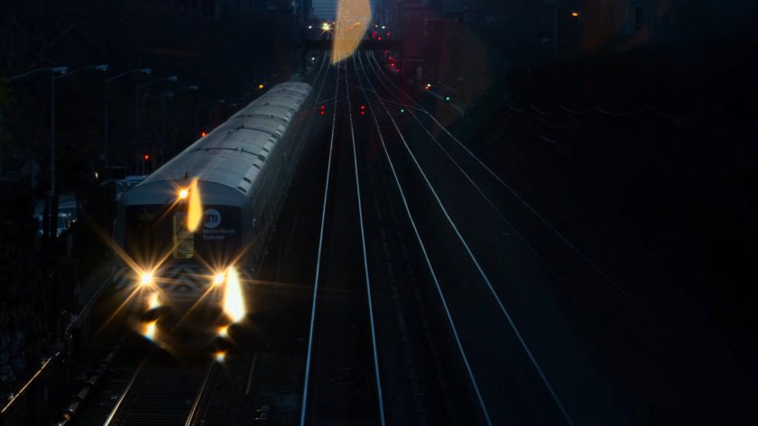 Nighttime shot of Metro North Railroad train.