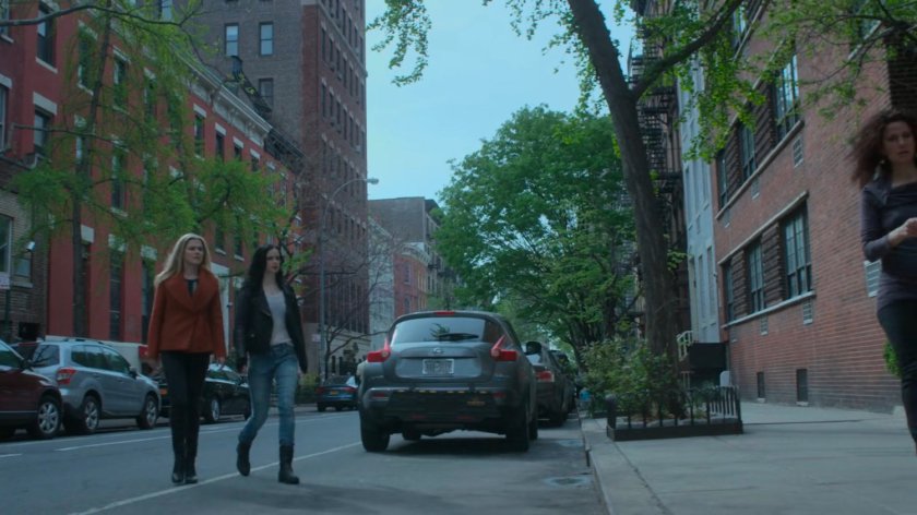 Jessica and Trish crossing street in front of Leslie Jansen's building.