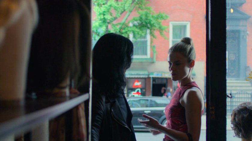 Jessica and Trish outside Sally's wig shop.