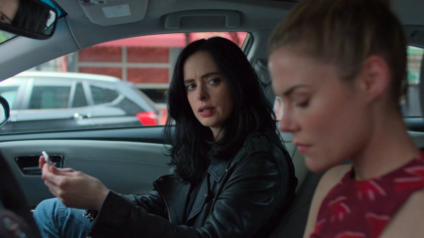 Jessica and Trish in the car outside Sally's wig shop.
