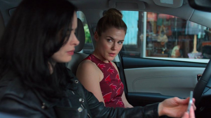 Jessica and Trish in the car outside Sally's wig shop.