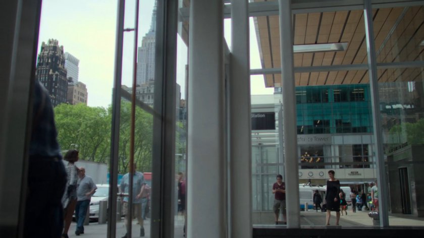 Jeri Hogarth walking through the lobby of her building.