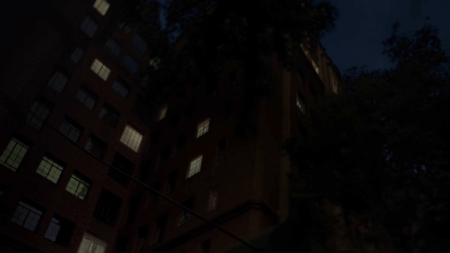 Dark exterior of Jeri's building.