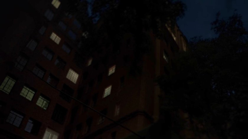 Dark exterior of Jeri's building.