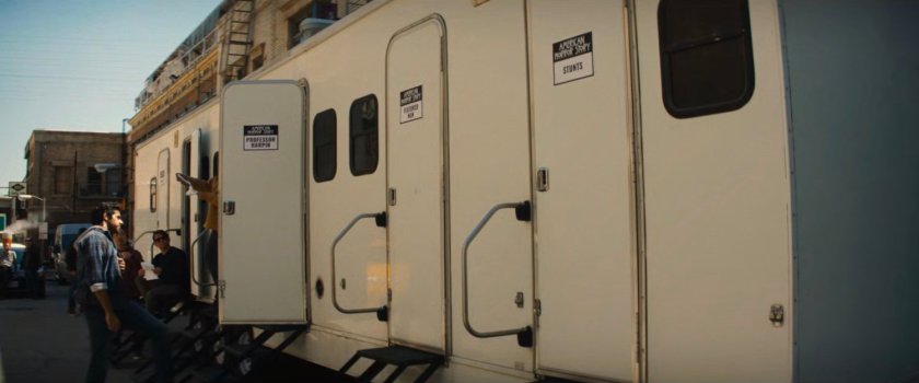A trailer on the backlot of a Hollywood studio.