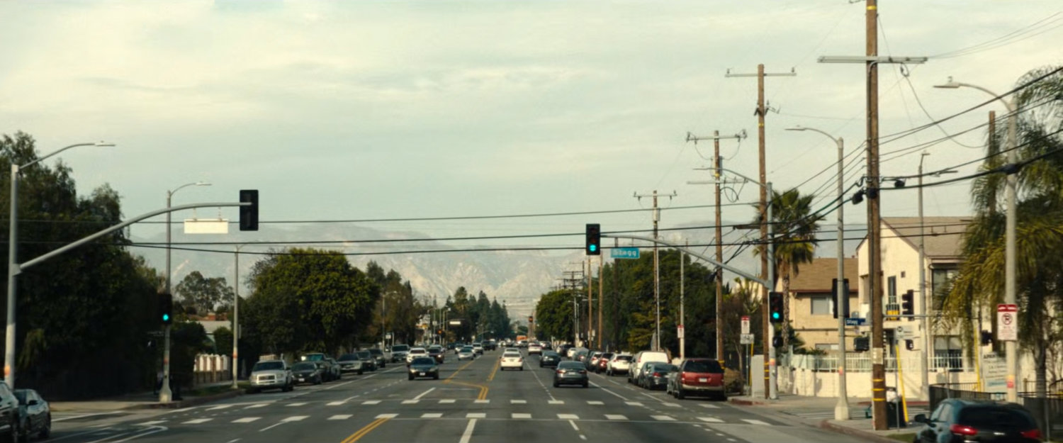 View of San Bernardino Mountains along a Pacoima street.