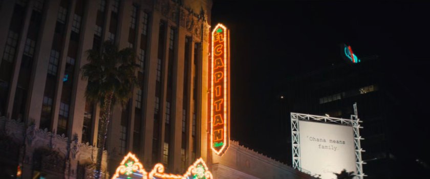 Nighttime view of El Capitan Theater marquee.