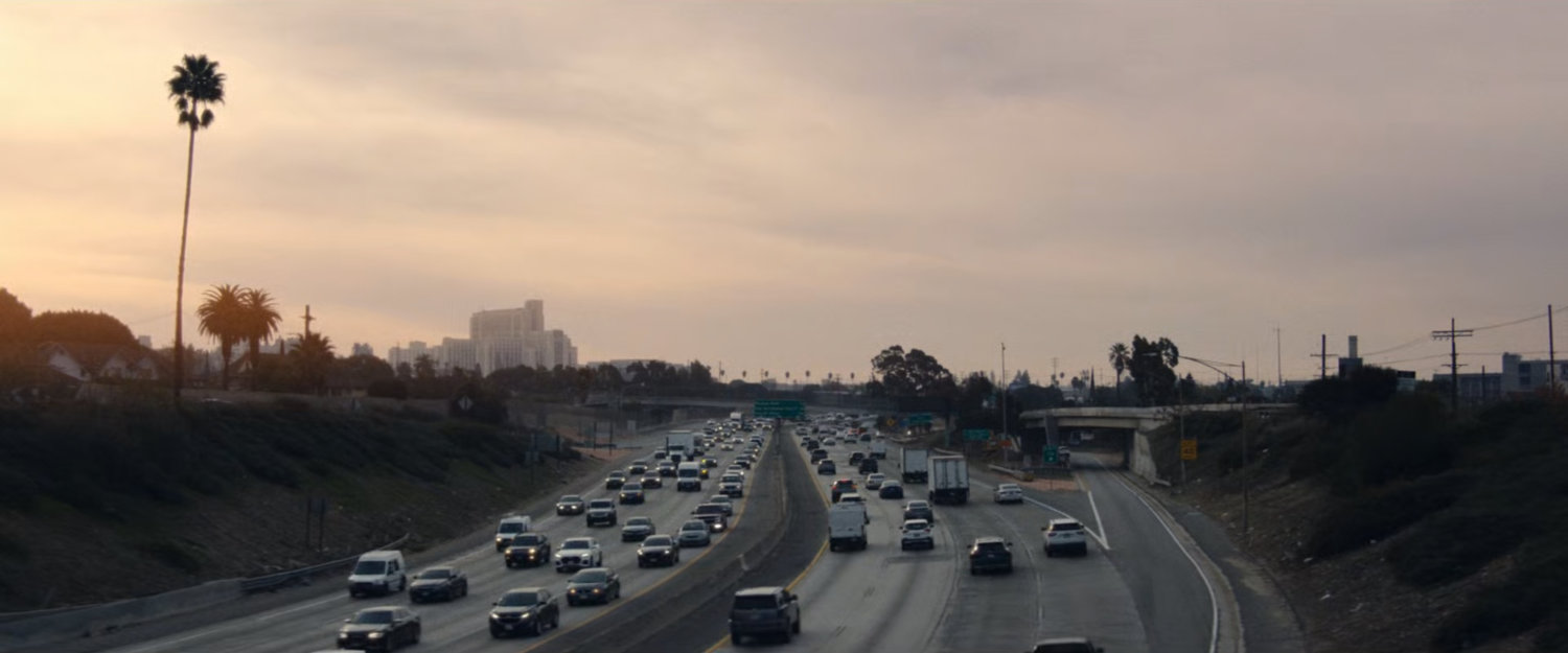 Early morning traffic on a Hollywood Freeway.