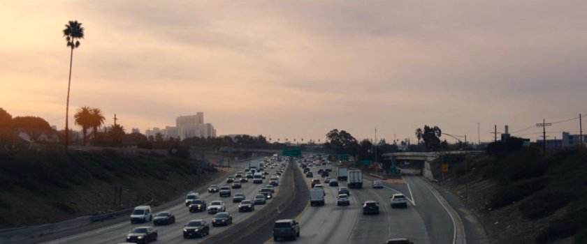 Early morning traffic on a Hollywood Freeway.