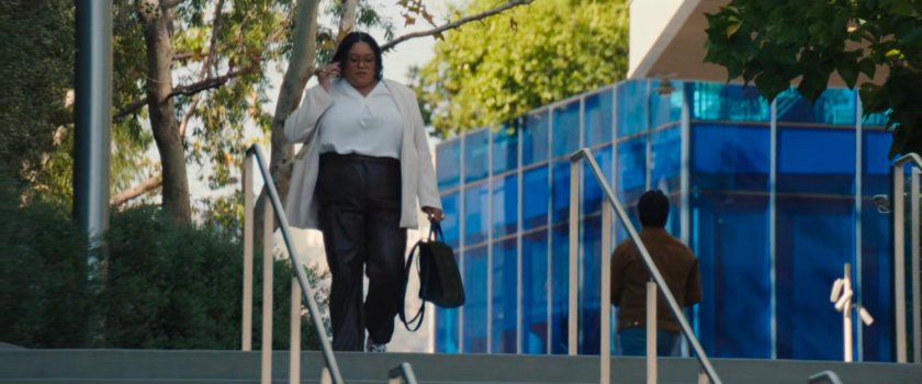 Janelle on the phone with Simon, descending steps.