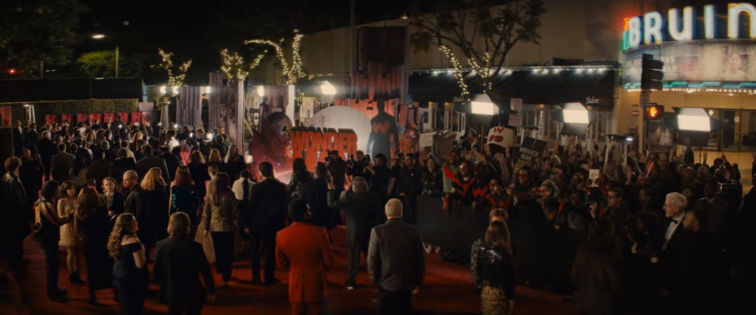 Crowd gathered on the street outside the Westwood Village theater for the Wonder Man premiere.