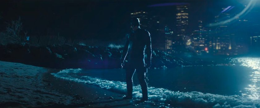 Daredevil walking out of the East River as the Northern Star sinks behind him.