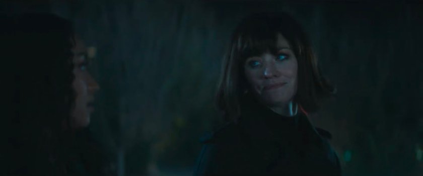 BB and a disguised Karen walk through a dark and foggy park.