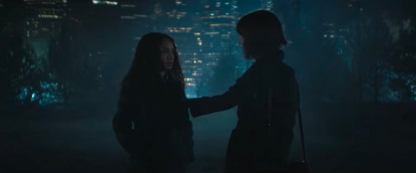 BB and a disguised Karen walk through a dark and foggy park.