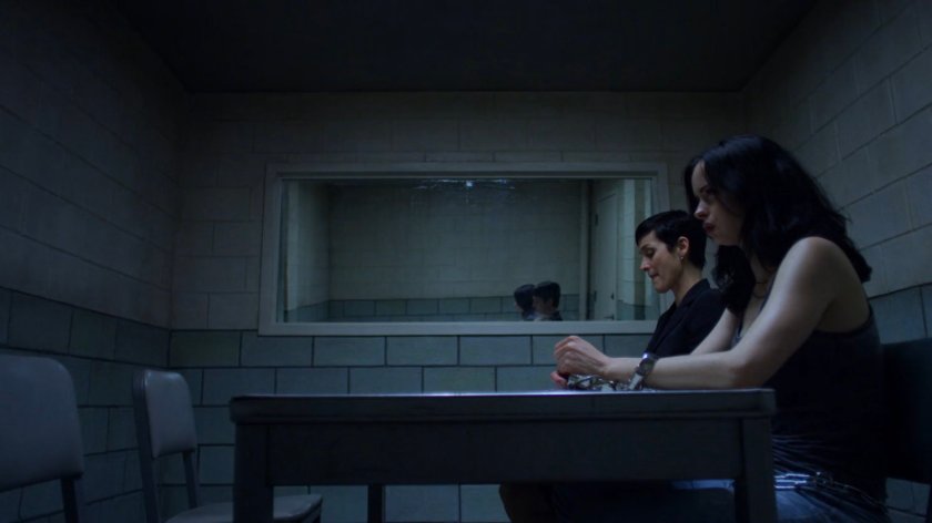 Jessica and Jeri in the 15th Precinct interrogation room.
