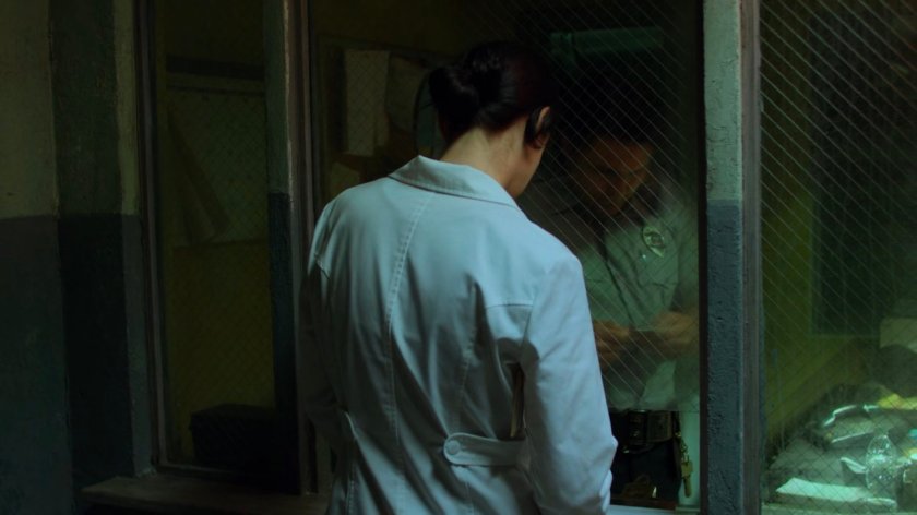 Jessica checking in with guard at Birch Psychiatric Hospital.