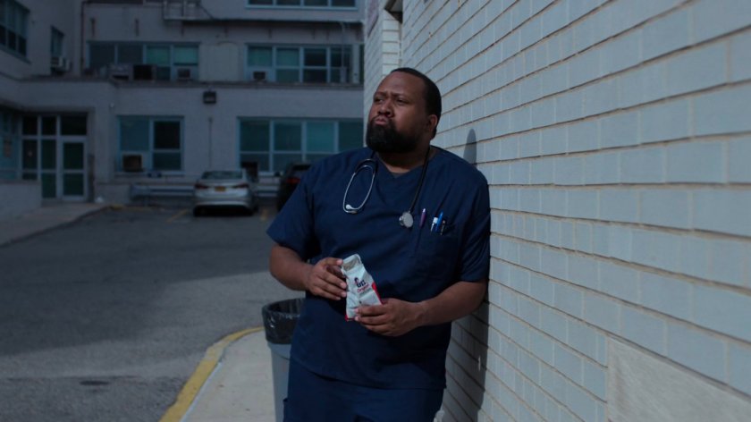 Orderly snaking outside the rear side of the Riverbank Medical Center.