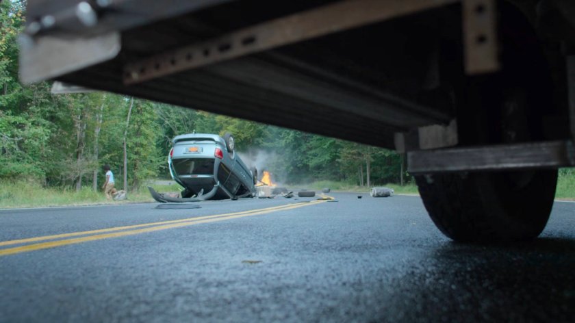 A flaming car flipped on a Westchester road.