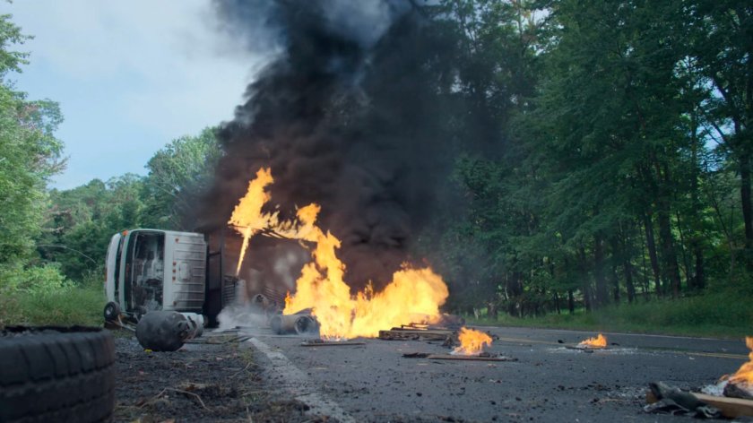 A flaming car flipped on a Westchester road.