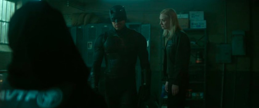 Daredevil and Karen with a hooded AVTF Officer in Frank's old office.