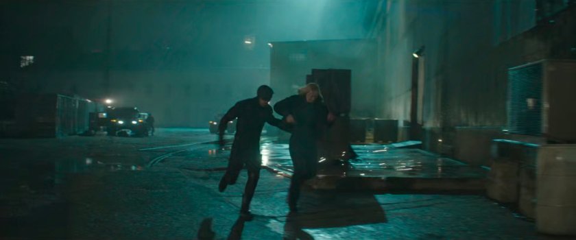 Daredevil and Karen running from Red Hook port at night.