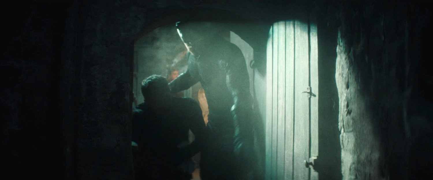 Daredevil escorting Bullseye into a tunnel under the restaurant.