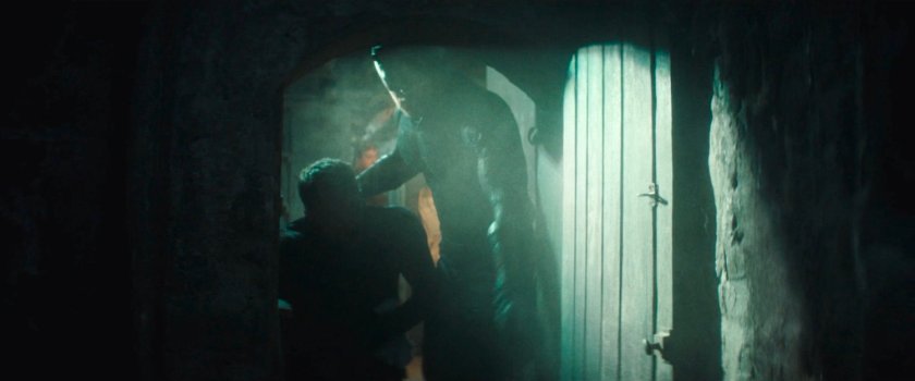 Daredevil escorting Bullseye into a tunnel under the restaurant.