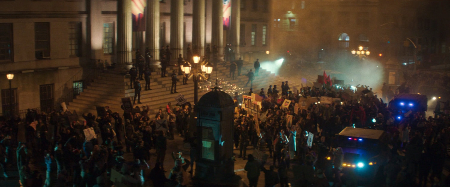 AVTF officers and protesters outside City Hall.