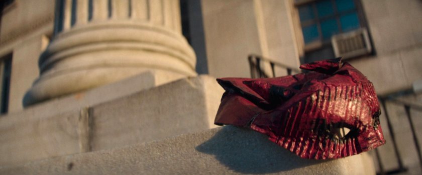 A homemade Daredevil mask outside City Hall.
