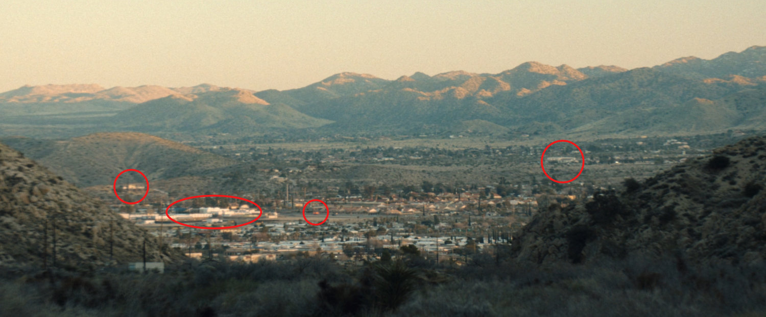 Establishing shot of Yucca Valley, annotated with red circles.