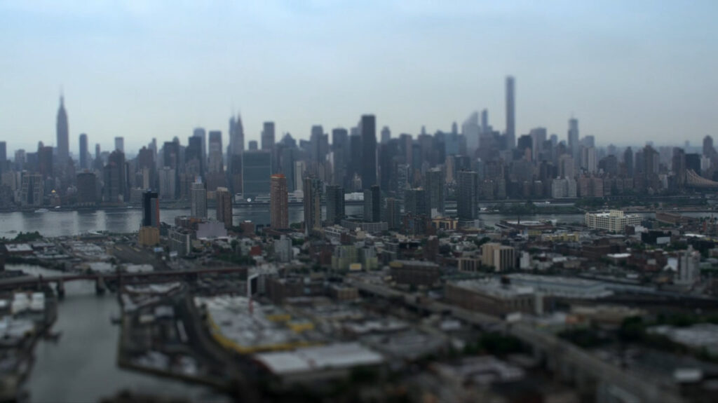 Aerial over Queens looking towards Midtown.