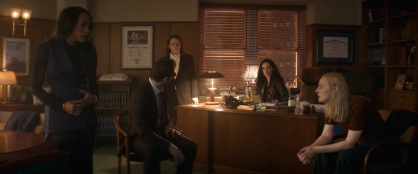 Kirsten, Matt, Governor McCaffrey, Jessica, and Karen in a city courthouse office.