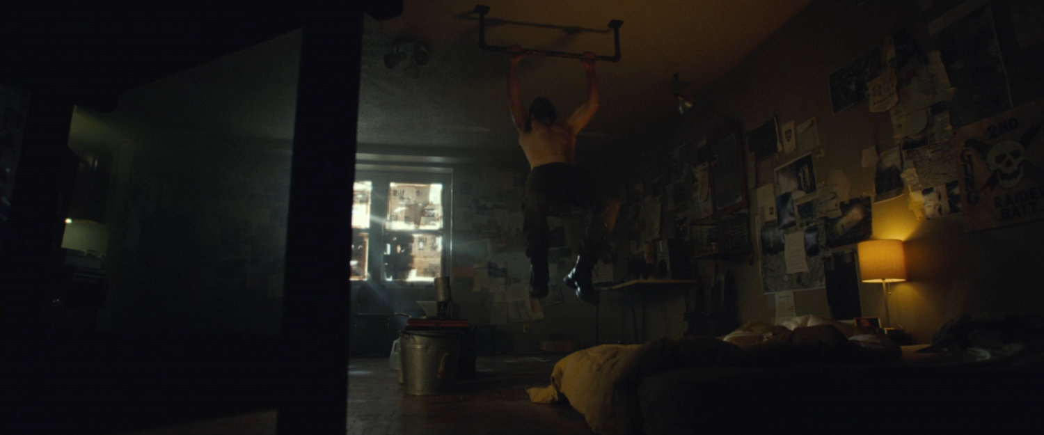 Frank doing pullups in his apartment.