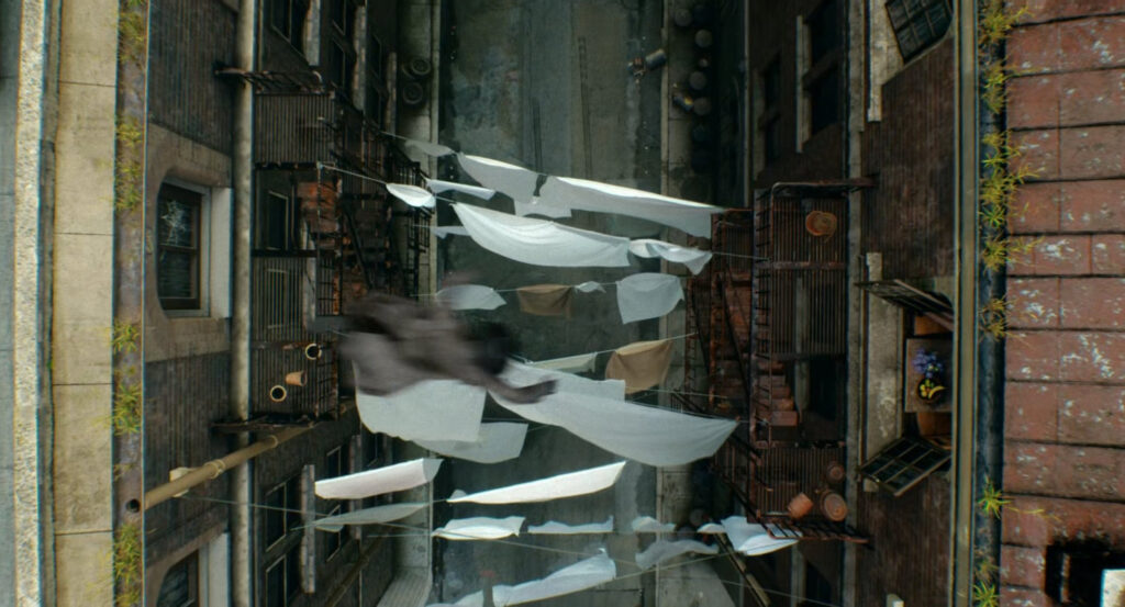 The Spider leaping into an alley filled with clotheslines.