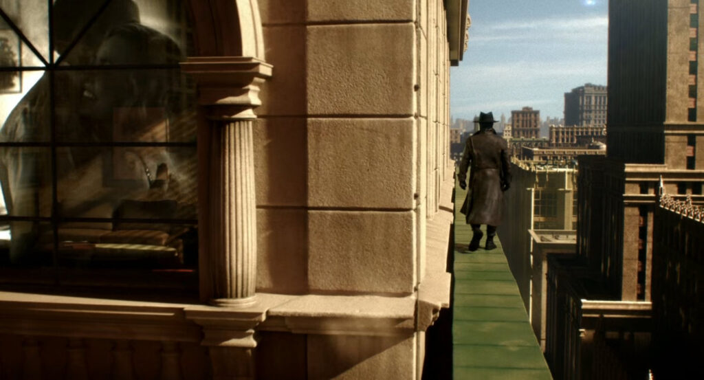 The Spider walking along the ledge of a skyscraper.