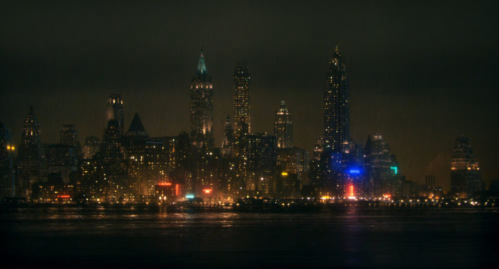 Establishing shot of New York, night, 1933.