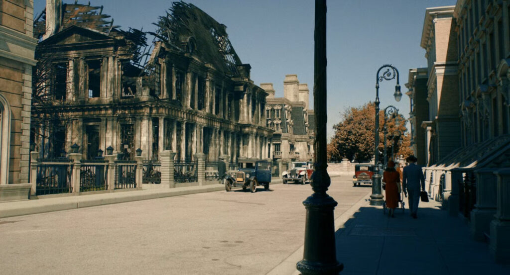 Exterior of Silvermane's burned downed mansion.