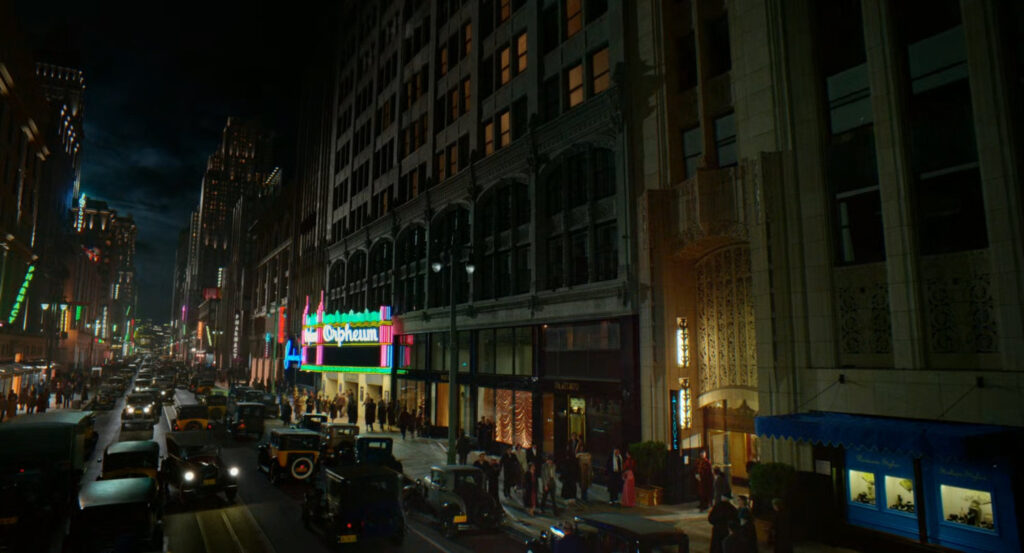 Nighttime shot of Broadway and The Alcove Theater.