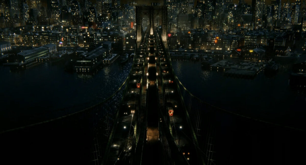Aerial view of Manhattan Bridge at night.