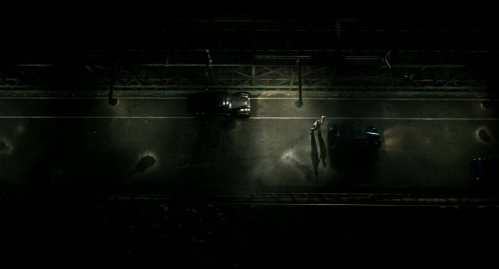 Aeral view of Perry and Pudge chasing Ben by foot on the Manhattan Bridge.