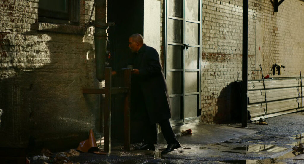 A man at a doorway in a Harlem alley.