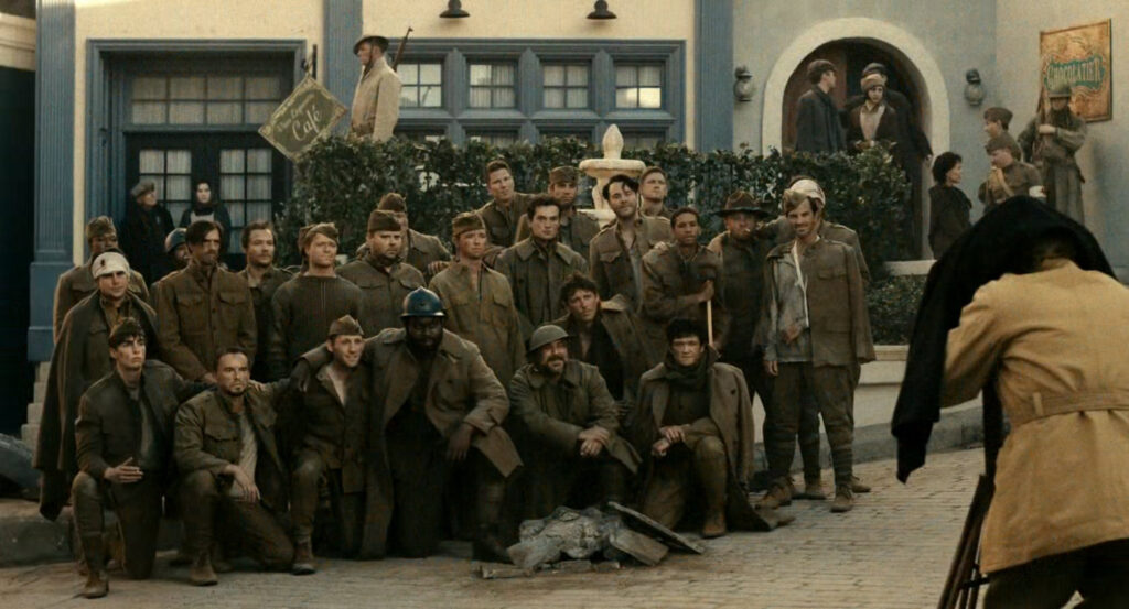 Flashback of rescued soldiers posing for a photo during the war in France.